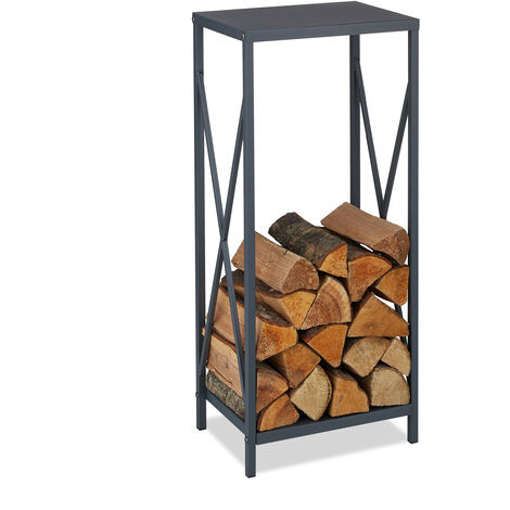 Relaxdays Firewood Storage Stand, Logs Rack for Indoors, Powder-Coated Metal, Wood Shelf, HWD: 80 x 34 x 25 cm, Grey