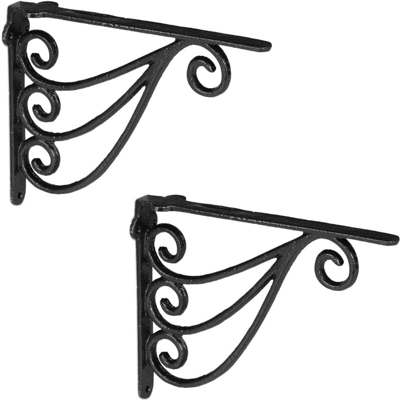 Relaxdays - Fixation murale, 2 équerres, HxLxP: 23,5 x 4 x 18 cm, décoration antique, fixer étagère, fonte, noir