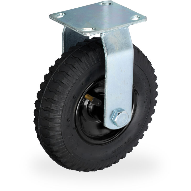 Relaxdays Pneumatic Fixed Castor, 2.50-4, Load 120 Kg, Rubber, Steel Plate, Air-filled, Heavy-duty Wheel,