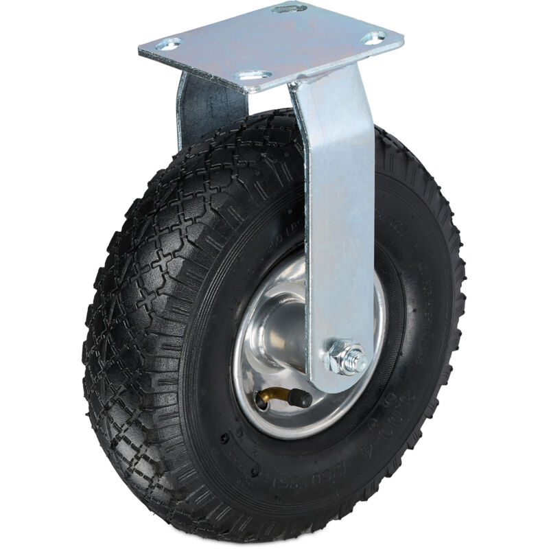Relaxdays - Pneumatic Fixed Castor, 3.00-4, Load 120 Kg, Rubber, Steel Plate, Air-filled, Heavy-duty Wheel, Black/silver