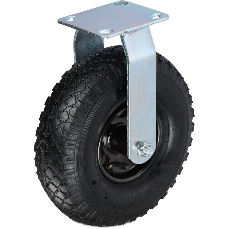 Relaxdays Pneumatic Fixed Castor, 3.00-4, Load 120 Kg, Rubber, Steel Plate, Air-filled, Heavy-duty Wheel,