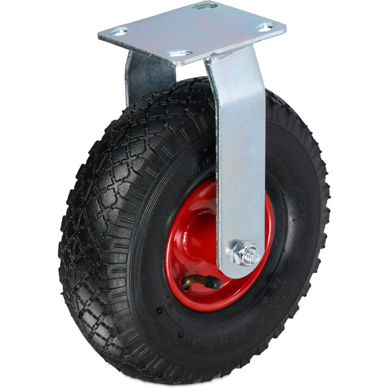 Relaxdays Pneumatic Fixed Castor, 3.00-4, Load 120 Kg, Rubber, Steel Plate, Air-filled, Heavy-duty Wheel,