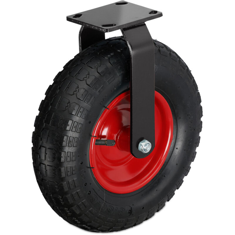 Relaxdays fixed castor, 3.50-4, 120 kg load, pneumatic rubber tyre, steel mounting plate, heavy-duty, black/red
