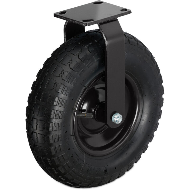 Relaxdays fixed castor 3.50-4, max load 120 kg, pneumatic rubber tyre, steel mounting plate, heavy-duty, black