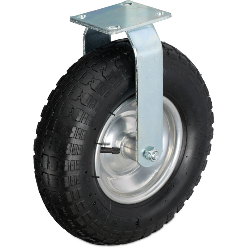 Relaxdays - Pneumatic Fixed Castor, 3.50-6, Load 120 Kg, Rubber, Steel Plate, Air-filled, Heavy-duty Wheel, Black/silver