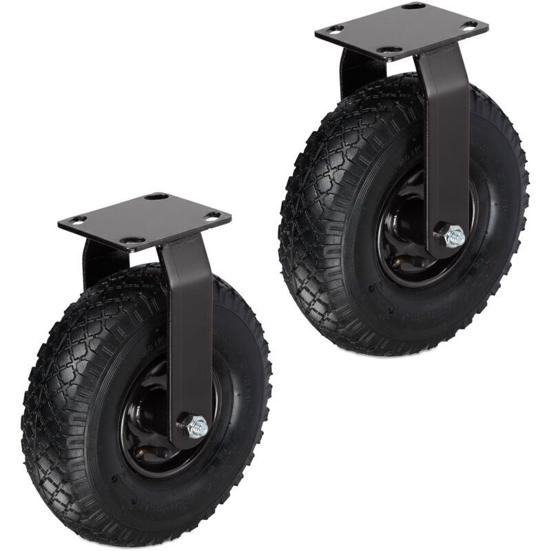 Relaxdays fixed castor set of 2, 3.00-4, up to 120 kg, pneumatic rubber tyre, steel mounting plate, heavy-duty, black