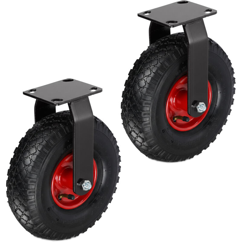 Relaxdays fixed castor set, 2 pcs, 3.00-4, 120 kg each, rubber, steel plate, pneumatic tyre, heavy-duty, black/red
