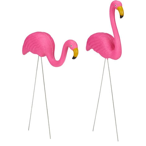 Relaxdays Flamingo Garden Ornament, Set of 2, Outdoor Decoration, Tropical, Balcony, Plastic, Metal, 2 Sizes, Pink