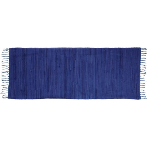 Relaxdays Flickenteppich blau 80 x 200 cm mit Fransen 100 % Baumwolle, einfarbig, Fleckerlteppich, dunkelblau