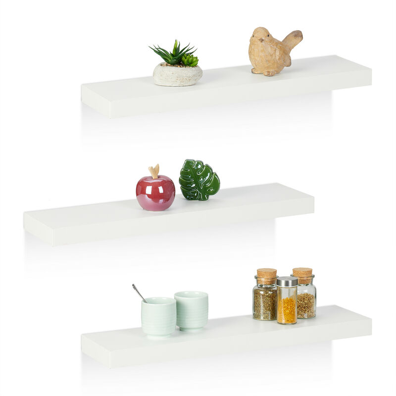 Relaxdays - Floating Shelf, Set Of 3, Decorative Wall Rack, Mdf, Modern Design, Suspended Board, Hwd, 3.5x60x15 Cm, White