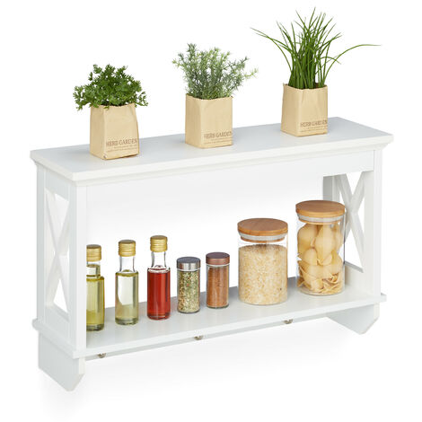 Relaxdays Floating Shelf, with 3 Metal Hooks, 2 Tiers, Country Style, Kitchen Rack, Wall Closet, HWD: 40x66x20 cm, White