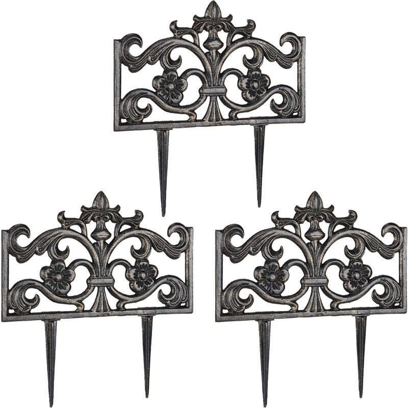 Set of 3 Relaxdays Flower Bed Fences, Cast Iron, Single Panel, Spikes,Lawn Edging, Nostalgic, HxWxD: 37x36x2cm, Bronze