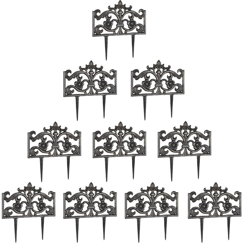 Set of 10 Relaxdays Flower Bed Fences, Cast Iron, Single Panel, Spikes,Lawn Edging, Nostalgic, HxWxD: 37x36x2cm, Bronze