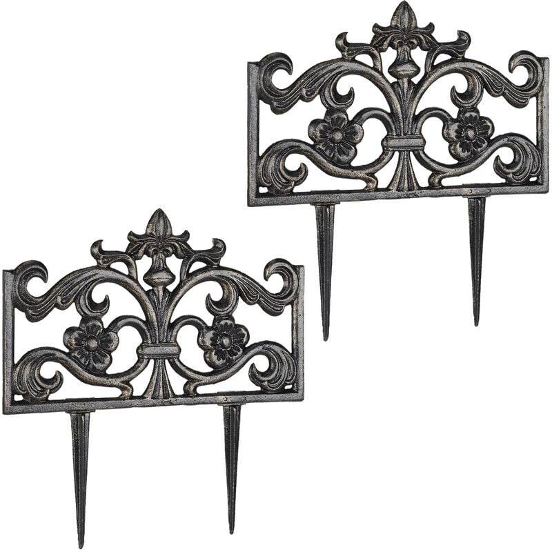 Relaxdays - Set of 2 Flower Bed Fences, Cast Iron, Single Panel, Spikes,Lawn Edging, Nostalgic, HxWxD: 37x36x2cm, Bronze