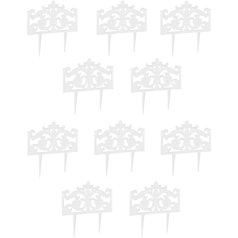 Set of 10 Relaxdays Flower Bed Fences, Cast Iron, Single Panel, Spikes,Lawn Edging, Nostalgic, HxWxD: 37x36x2cm, White