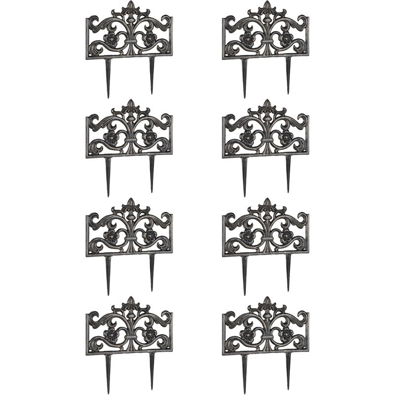 Set of 8 Relaxdays Flower Bed Fences, Cast Iron, Single Panel, Spikes,Lawn Edging, Nostalgic, HxWxD: 37x36x2cm, Bronze