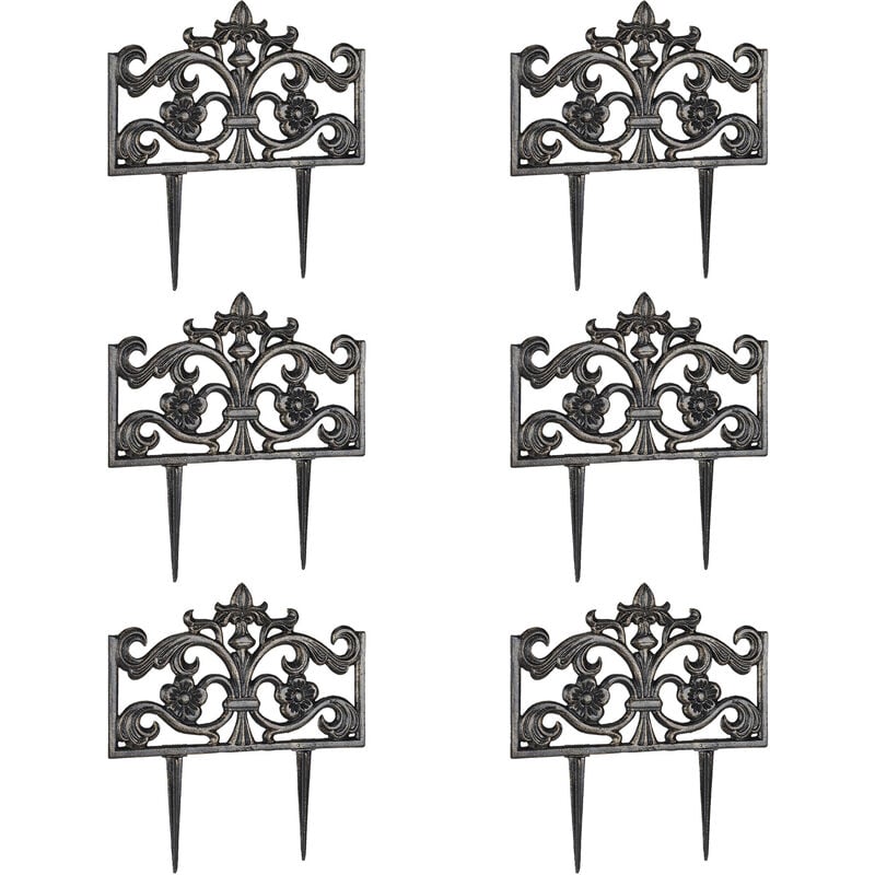 Set of 6 Relaxdays Flower Bed Fences, Cast Iron, Single Panel, Spikes,Lawn Edging, Nostalgic, HxWxD: 37x36x2cm, Bronze