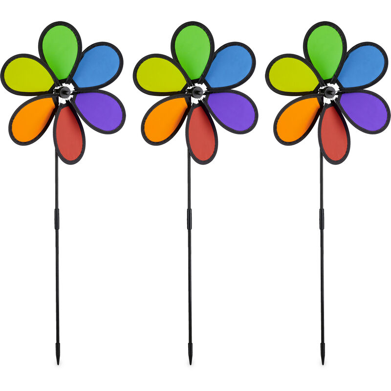 Relaxdays flower windmill, in a set of 3, decorative garden pinwheel, wind spinner for adults & children, multicoloured