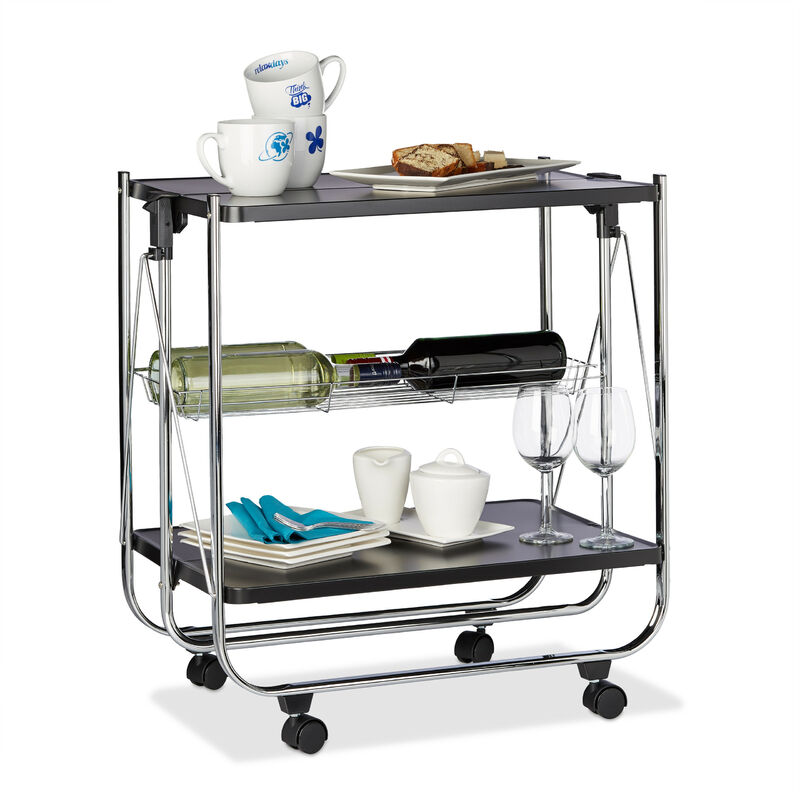 Foldable Serving Trolley, 4 Wheels, 2 Shelves, Basket, HxWxD: 68.5 x 68 x 40.5 cm, Kitchen Cart, Black - Relaxdays