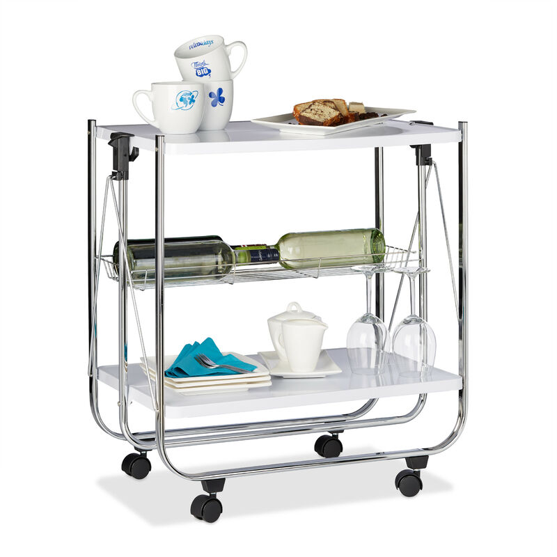 Foldable Serving Trolley, 4 Wheels, 2 Shelves, Basket, HxWxD: 68.5 x 68 x 40.5 cm, Kitchen Cart, White - Relaxdays