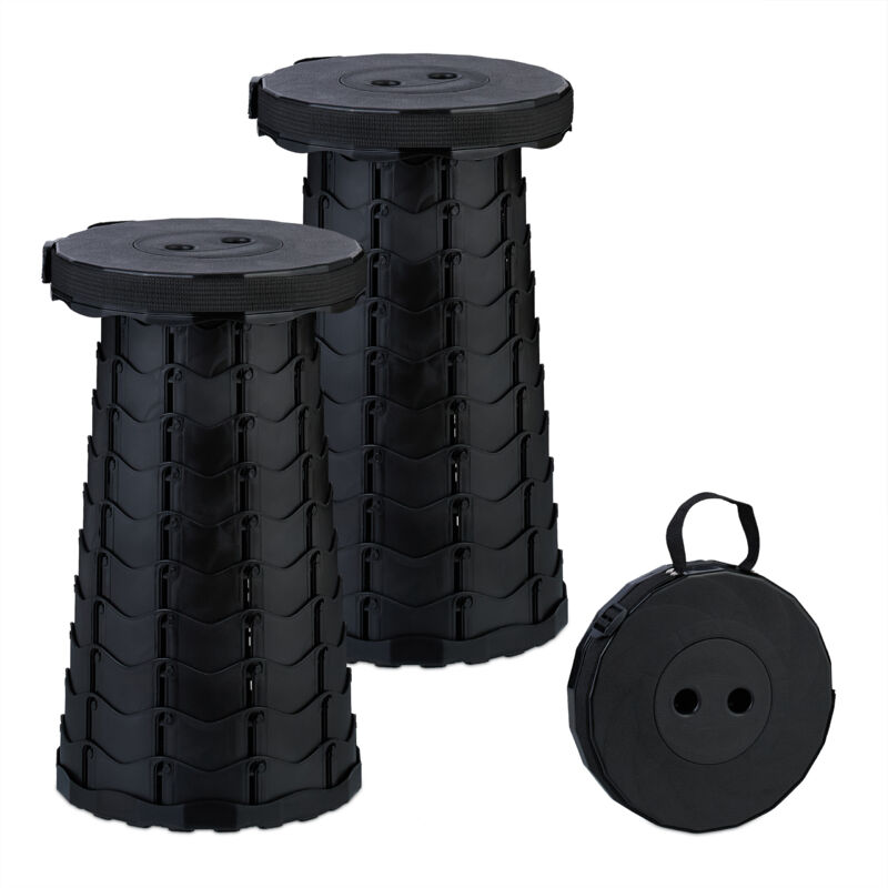 Relaxdays Telescopic Stool, Set Of 2, Foldable, Carrying Strap, Height-adjustable Camping Chair, Hxd 44.5x25 Cm, Black