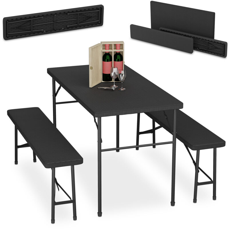Relaxdays - Folding Garden Furniture Set Of 3, Garden Table & Two Benches, Parties, Camping, Hwd, 73 X 120 X 61 Cm, Black