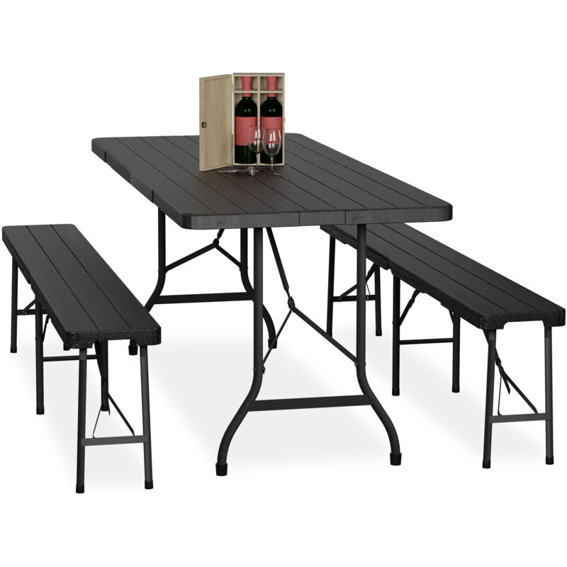3-piece Folding Garden Furniture Set, Beer Benches With Large Table, For Marquees And Tents, Wood Look, Black - Relaxdays