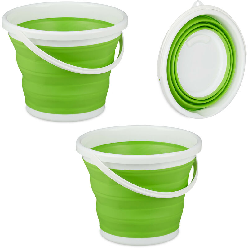 Relaxdays Set of 2 Folding Buckets, 10L Mopping Bin, Collapsible for Car, Camping and Festivals, Green