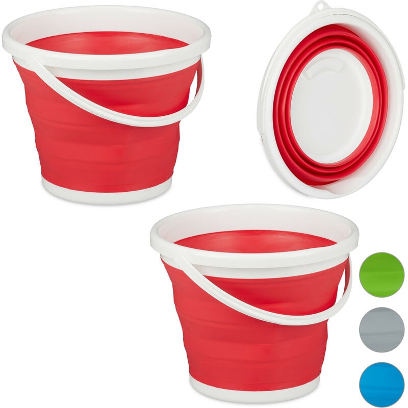 Relaxdays - Set of 2 Folding Buckets, 10L Mopping Bin, Collapsible for Car, Camping and Festivals, Red