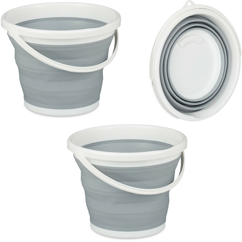 Relaxdays Set of 2 Folding Buckets, 10L Mopping Bin, Collapsible for Car, Camping and Festivals, Grey