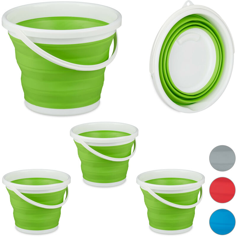 Relaxdays Set of 4 Folding Buckets, 10L Mopping Bin, Collapsible for Car, Camping and Festivals, Green