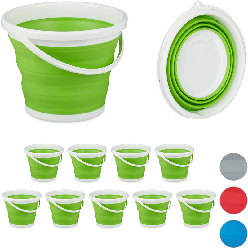 Relaxdays Set of 10 Folding Buckets, 10L Mopping Bin, Collapsible for Car, Camping and Festivals, Green