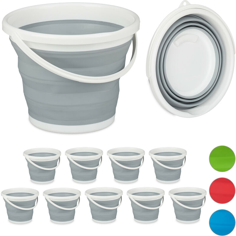 Relaxdays Set of 10 Folding Buckets, 10L Mopping Bin, Collapsible for Car, Camping and Festivals, Grey