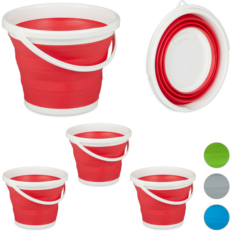 Relaxdays Set of 4 Folding Buckets, 10L Mopping Bin, Collapsible for Car, Camping and Festivals, Red