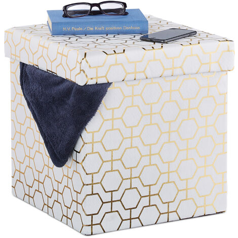 Relaxdays Folding Cube Seat, Padded Ottoman with Lid, Geometric Pattern, Storage Space, 38x38x38 cm, White-Gold