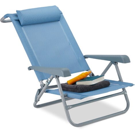 Relaxdays Folding Deck Chair, Neck Cushion, Bottle Opener, Adjustable Armrests, 120 kg, Textilene Fabric, Blue