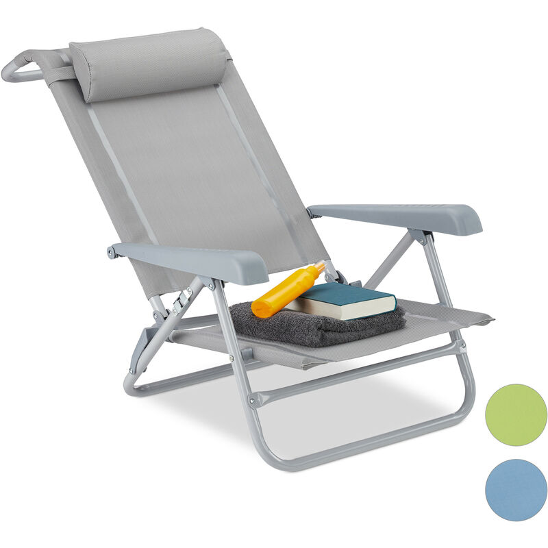 Relaxdays - Folding Deck Chair, Neck Cushion, Bottle Opener, Adjustable Armrests, 120 kg, Textilene Fabric, Gray