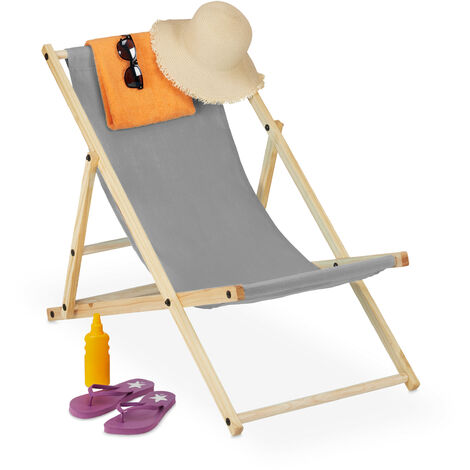 main image of "Relaxdays folding deck chair, wood & fabric cover, 3 reclining positions, 120kg, beach chair, grey cover"
