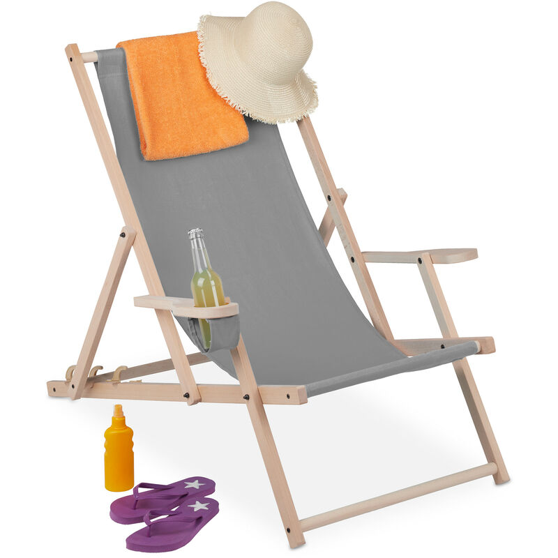 Relaxdays folding deck chair, wooden, 3 reclining positions, armrest & drinks holder, 120 kg, beach chair, grey