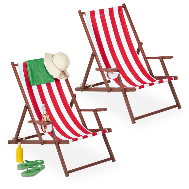 Relaxdays folding deck chairs set of 2, wooden, 3 reclining positions, armrest & drinks holder, 120 kg, white & red