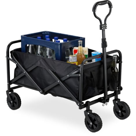 Relaxdays Folding Festival Trolley, Holds 100 kg, Beach & Camping Cart, Extendable Handle, Rubber Wheels, Wagon, Black