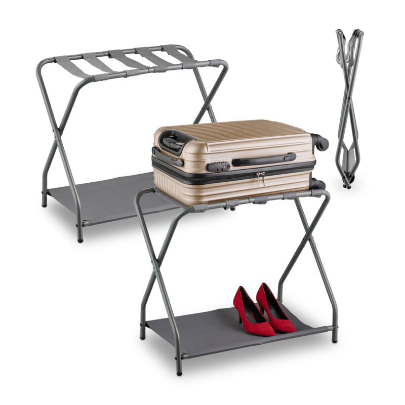 Relaxdays - Set of 2 Folding Luggage Rack, Collapsible with Shelf, hwd: 58 x 66 x 38 cm, Hotel Luggage Stand, Steel, Grey