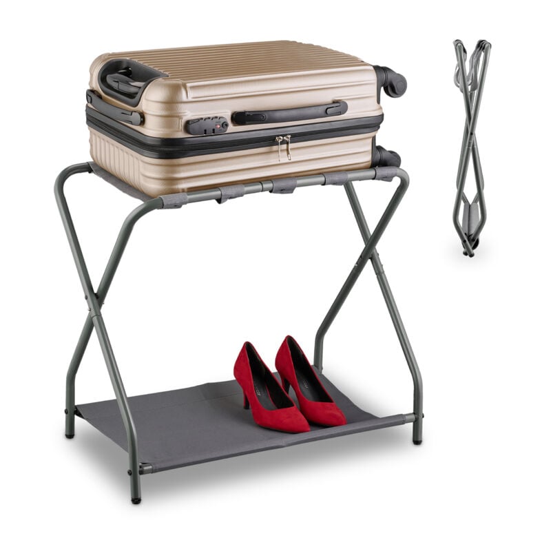 Relaxdays - Folding Luggage Rack, Collapsible with Shelf, hwd: 58 x 66 x 38 cm, Hotel Suitcase Stand, Steel, Grey