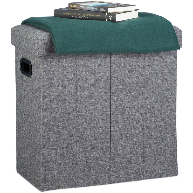 Relaxdays Folding Ottoman, HxWxD: 49.5 x 46 x 25.5 cm, with Storage, Foldable Footstool, Linen, Polyester, MDF, Dark Grey