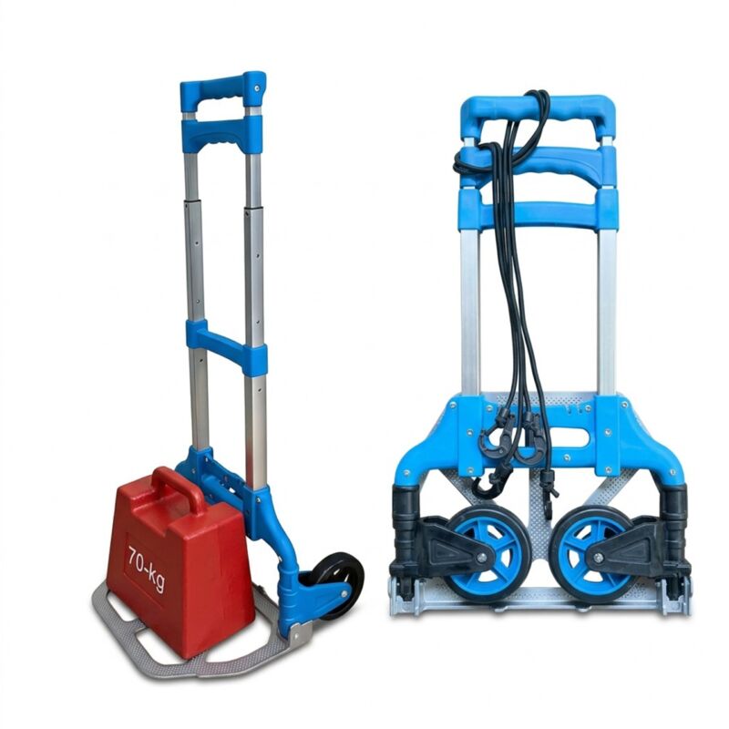 Relaxdays folding sack truck, max 70 kg, HxWxD 98x38x41 cm, removals trolley, steel telescopic handle, silver/blue