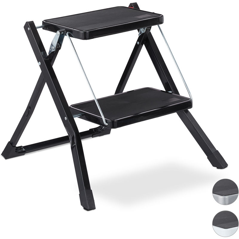 Folding Step Ladder, 2 Rungs, Compact Stand, Non-Slip, Iron, HWD 45 x 50 x 50 cm, Black - Relaxdays