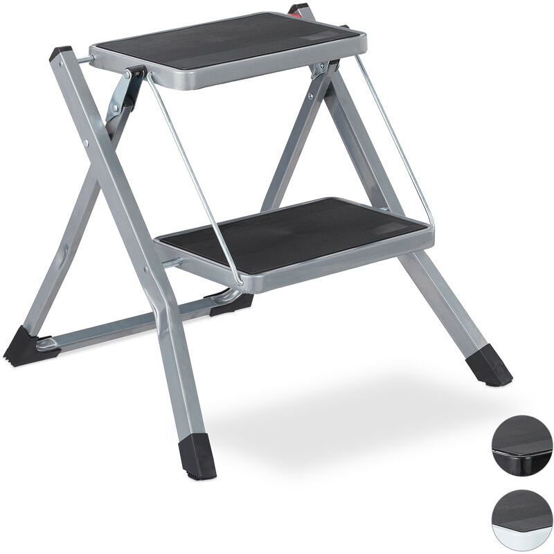 Folding Step Ladder, 2 Rungs, Compact Stand, Non-Slip, Iron, HWD 45 x 50 x 50 cm, Grey - Relaxdays