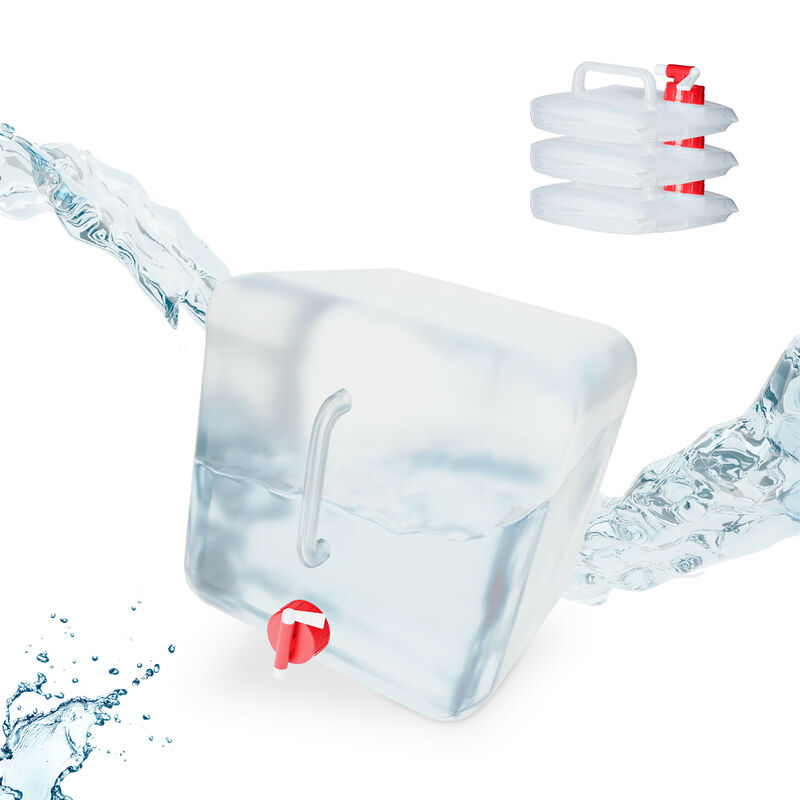 Relaxdays Folding Water Canister Set Of 4, Faucet, Screw Cap, Handle, Camping Container, Bpa-free, 15l, Clear/red