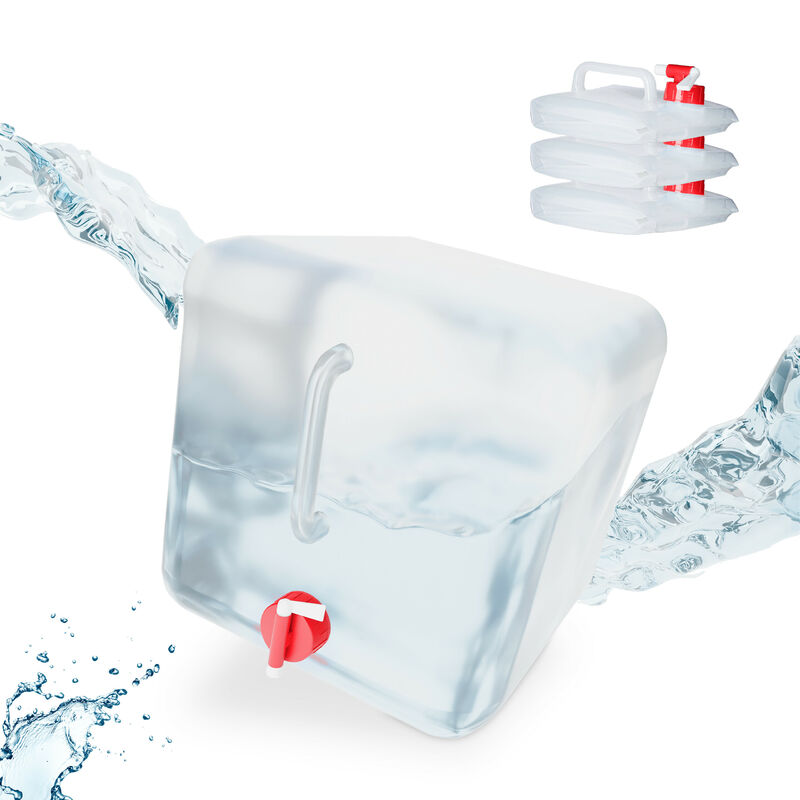 Relaxdays - Folding Water Canister Set Of 4, Faucet, Screw Cap, Handle, Camping Container, Bpa-free, 20l, Clear/red