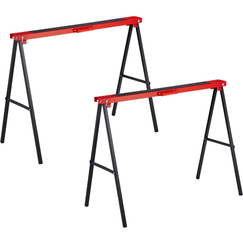 Set Of 2 Sawhorses, Folding, 100 Kg, 78 X 100 X 49 Cm, Workbench Trestle, Wallpapering & Diy, Metal, Red/black - Relaxdays